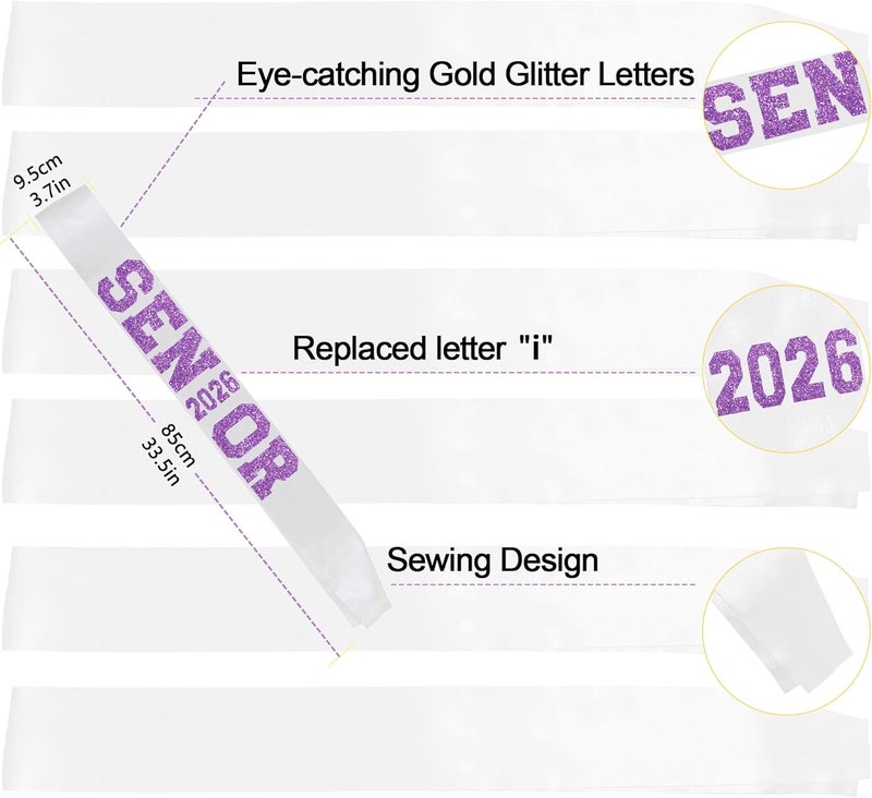 Partyprops 6Pcs White Senior 2026 Satin Sashes with Purple Glitter Letters Senior 2026 Decorations- 2026 Graduation Celebrations Senior Cheer Sash - Cheerleader Sash - Class Competition Sashes - Image 3